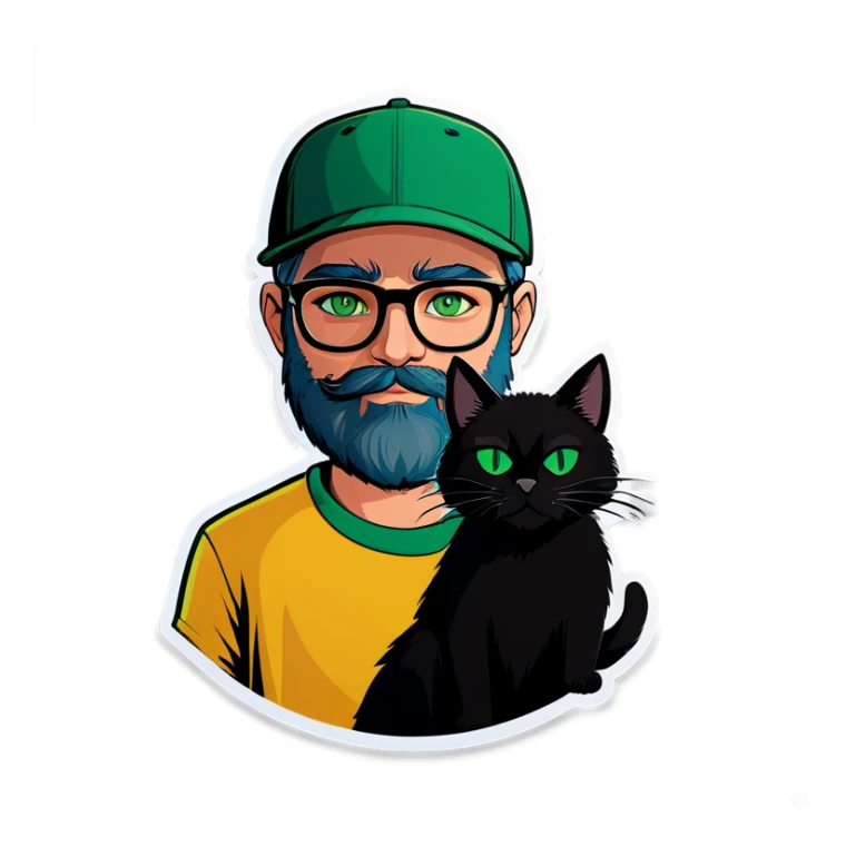 A bold man with a grey baseball cap, green eyes, big beard and glasses holding a black cat sticker