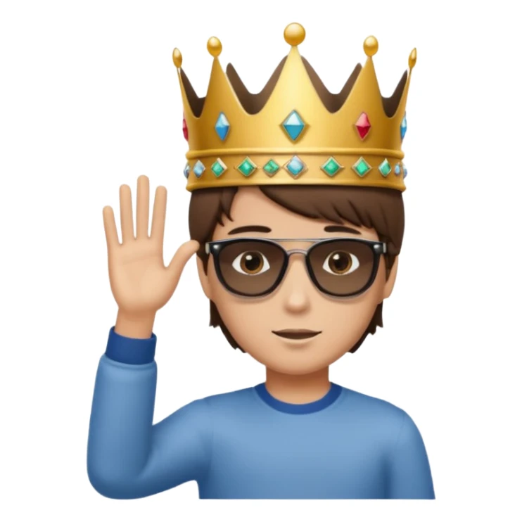Un niño con cabello lacio no muy largo color marrón castaño,ojos marrones,piel no muy blanca, que tenga lentes de sol color negro,reloj en la mano derecha y una corona como sombrero sticker