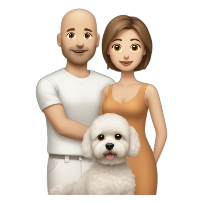 a bald man and long brown straight haired woman with white maltipoo sticker