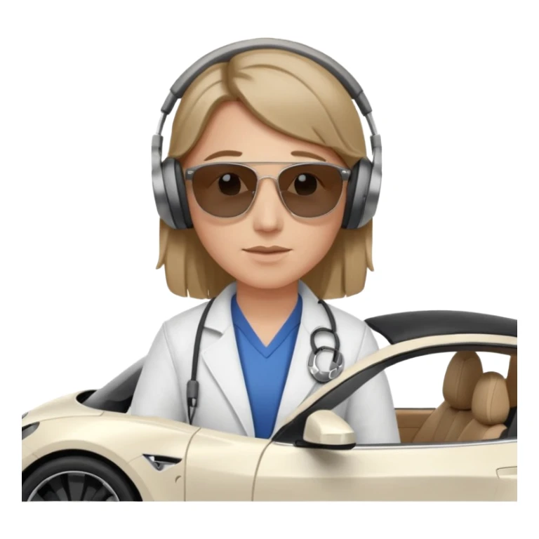 White tesla model 3 with a cool physician with dark blond hair, beats and sunglasses next to it sticker