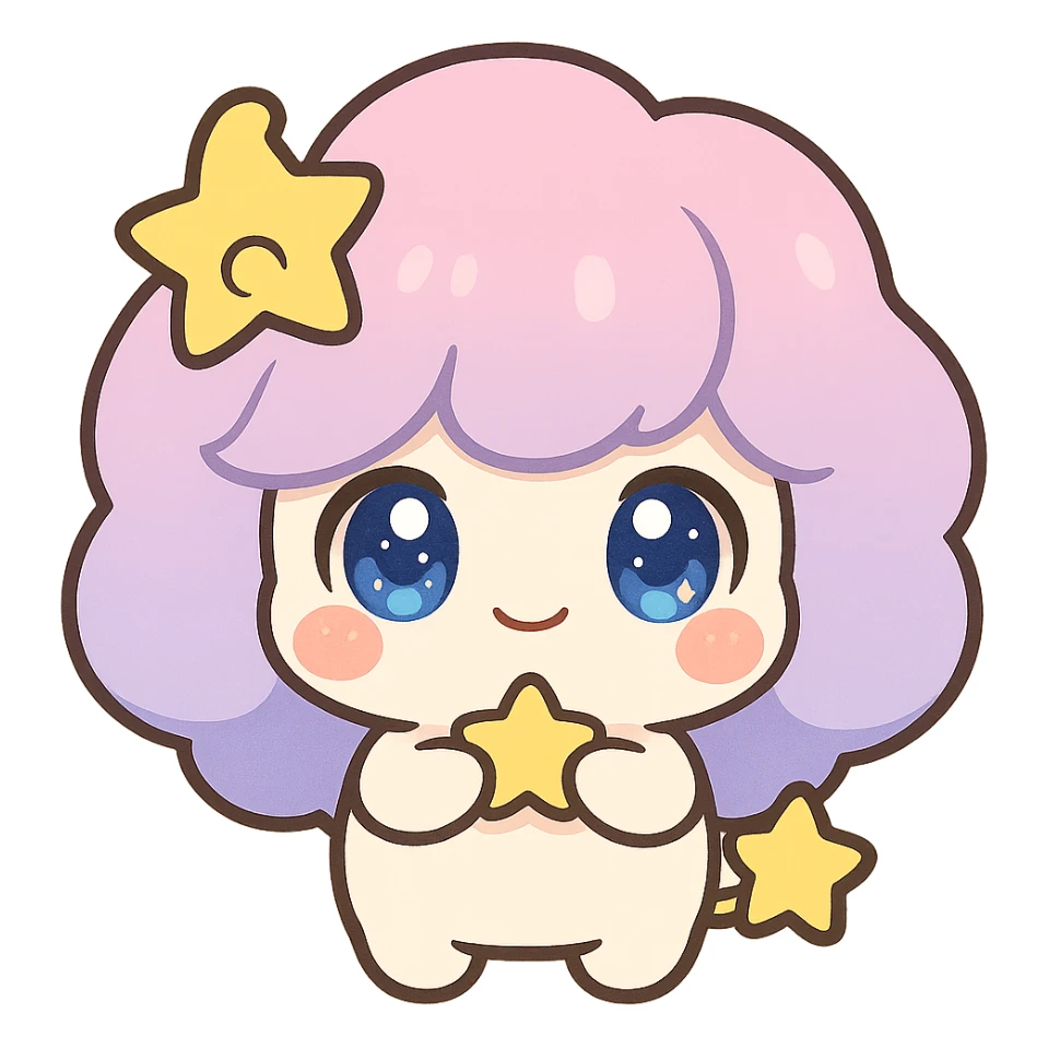 Stella Puff (星星噗噗) in kawaii chibi style, front view, holding a tiny star, big sparkling blue-violet eyes, puffy pastel pink-purple gradient hair with a yellow star swirl, creamy white round body, coral pink blush, short arms and legs, golden star tail, clean lines, transparent background sticker