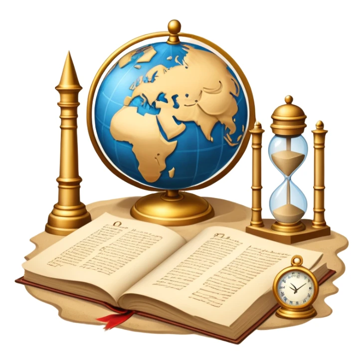 An icon featuring ancient scrolls, a quill pen, and large, old-fashioned sand clocks, symbolizing the study of history. The design includes a globe and a timeline with significant historical events, set against ruins to evoke past civilizations. Transparent background highlights the passage of time. sticker