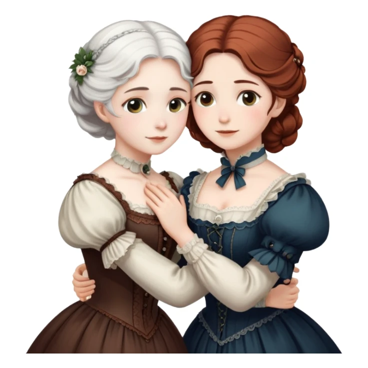 Two Victorian era women hugging each other closely, one with white hair and one with dark copper colored hair, both wearing Victorian period dresses sticker