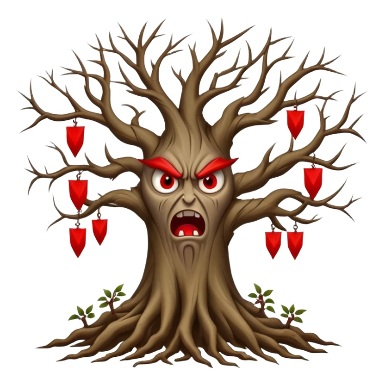Tree with roots with red flags on the tips and angry faces hanging on the tips of the tree branches sticker