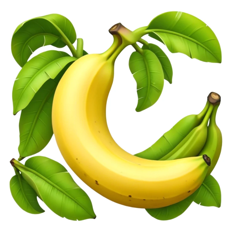 Cinematic Realistic Banana Emoji, Bright and cheerful, with a smooth, yellow peel slightly speckled with spots, revealing a soft, sweet interior. The banana is curved elegantly, standing out against the soft green leaves. Soft glowing outline, capturing the essence of tropical sweetness and energy in a ripe banana. sticker
