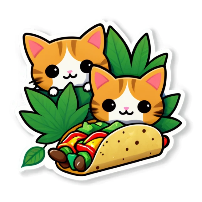 Cannabis leaf kawaii style and kittens eating tacos kawaii style  sticker