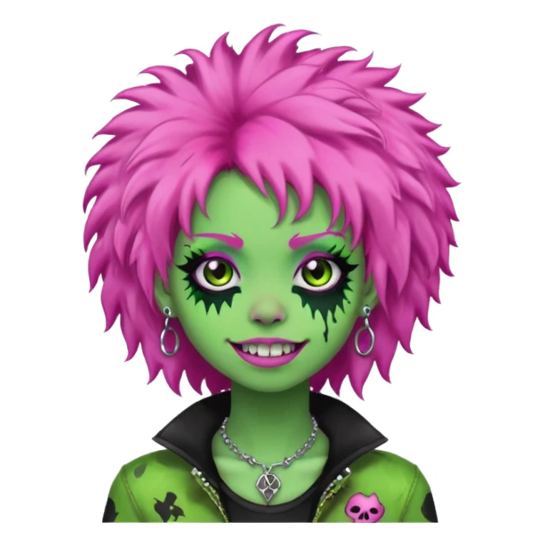 girl, green zombie,pink afro, long, emo, shaggy, dark, spooky,double eyebrow dermal piercing, cute illuminous smile sticker