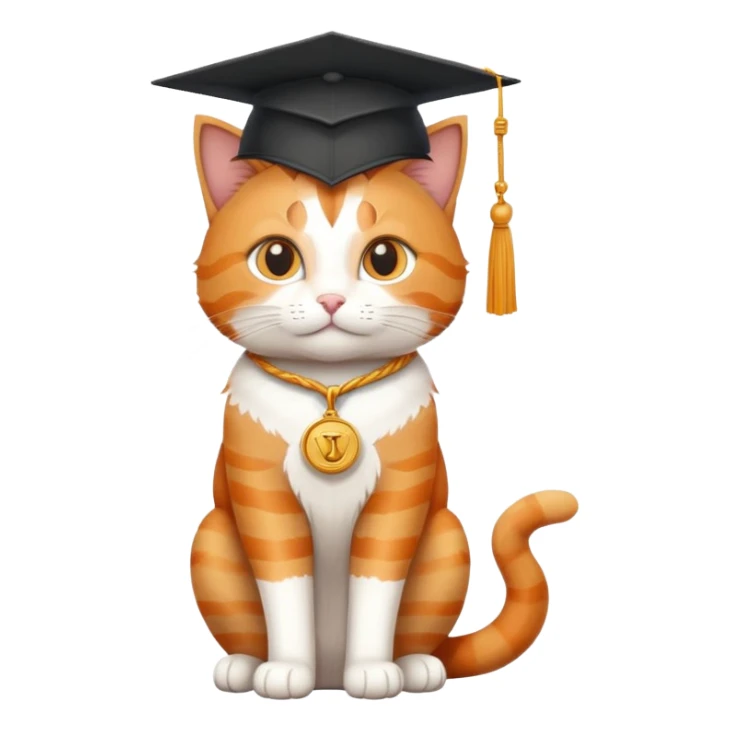 cat sitting, graduation cap on head, scales of justice in front sticker