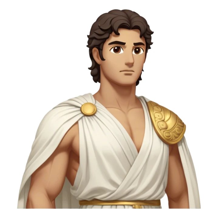 Cinematic Realistic Hercules Portrait, depicted as a classical Greek statue with a robust, muscular build and perfectly chiseled features. His bronze, sun-kissed skin has a timeless, marble-like quality, and his thick, wavy dark hair frames a face exuding determination and quiet nobility. Draped in a flowing white robe with subtle golden accents, the portrait is rendered under dynamic natural lighting that highlights every sculpted detail and evokes the majesty of ancient myth. sticker