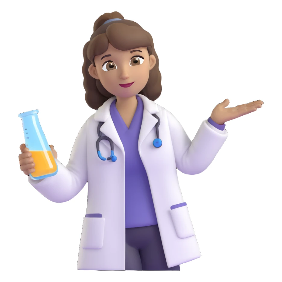 middle-aged science teacher, light brown hair in ponytail with bangs, brown eyes, wearing a lab coat sticker