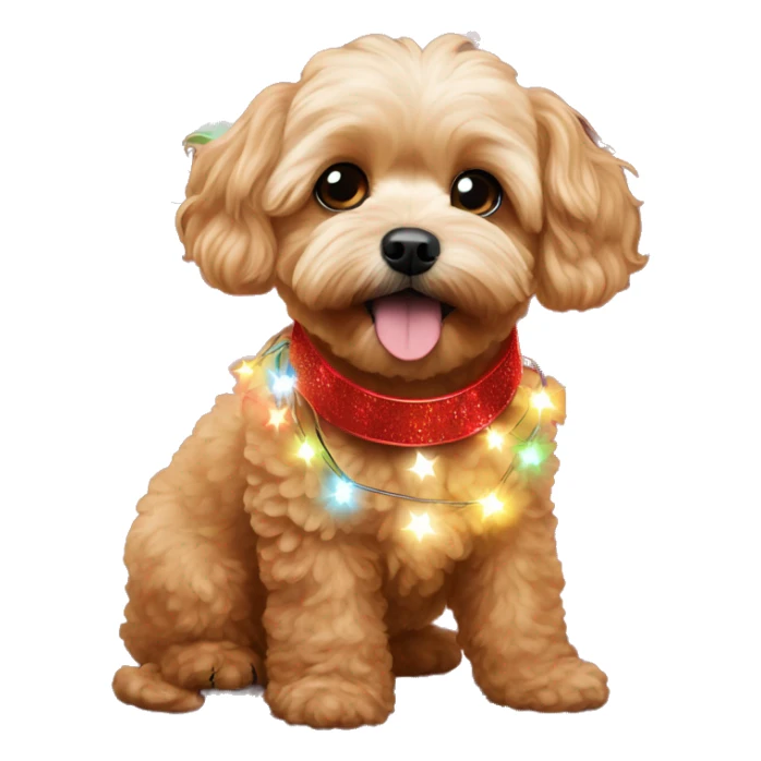 Red maltipoo with Christmas lights decorated around its neck sticker