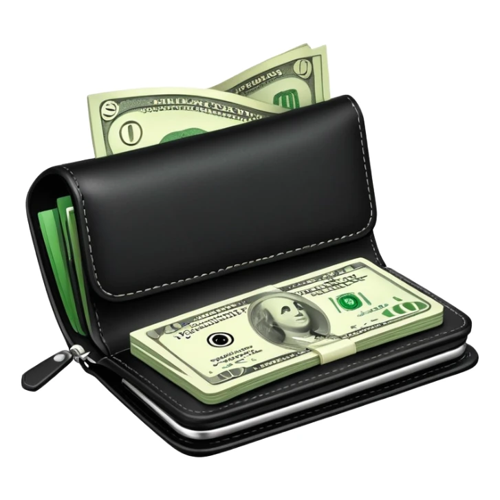 black wallet with green dollar bills visible inside and a small clock in top right corner positioned over the wallet sticker