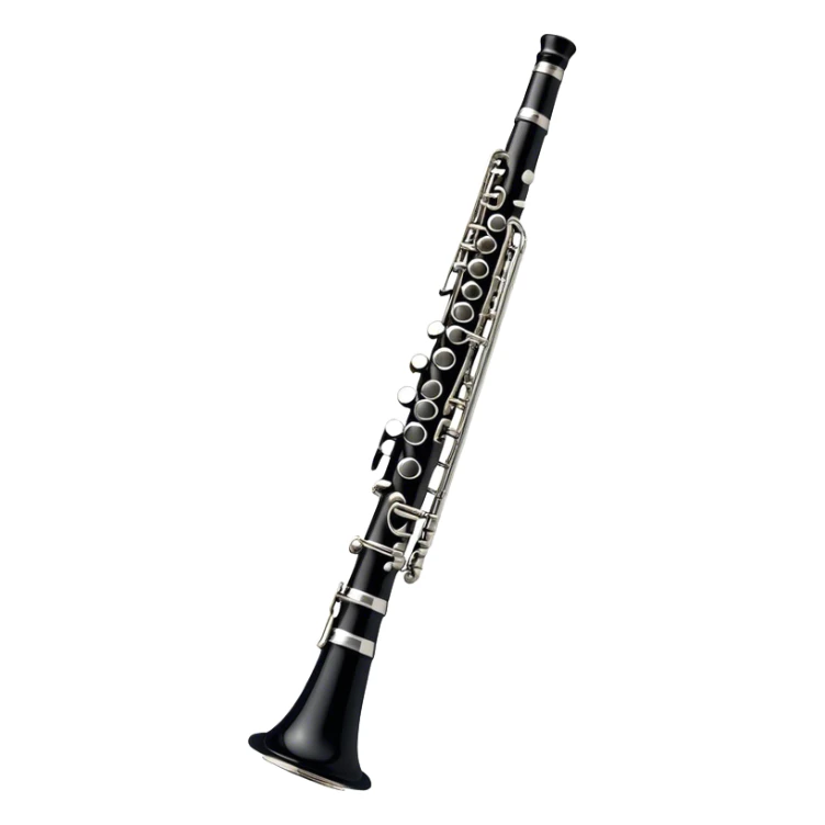Create an emoji, representing a black standard clarinet. The design should feature a smooth, glossy black body of the clarinet with shiny, silver keys clearly visible. Highlight the intricate details of the mouthpiece and reed at the top, while the body of the instrument should remain simple and elegant. Add subtle musical notes or soundwaves floating around the instrument to symbolize its clear, melodic sound. Use black for the body, silver for the keys, and soft lighting effects to give the instrument a polished, sophisticated look. The background should be transparent. sticker
