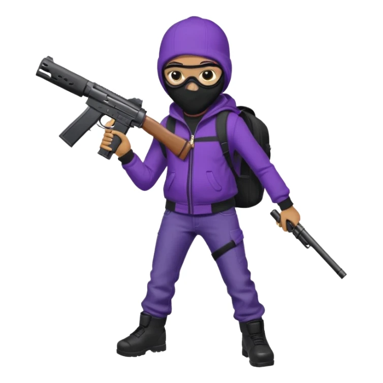 YN wearing a ski mask, holding a gun, purple jeans, Sprayground bookbag, confident stance sticker