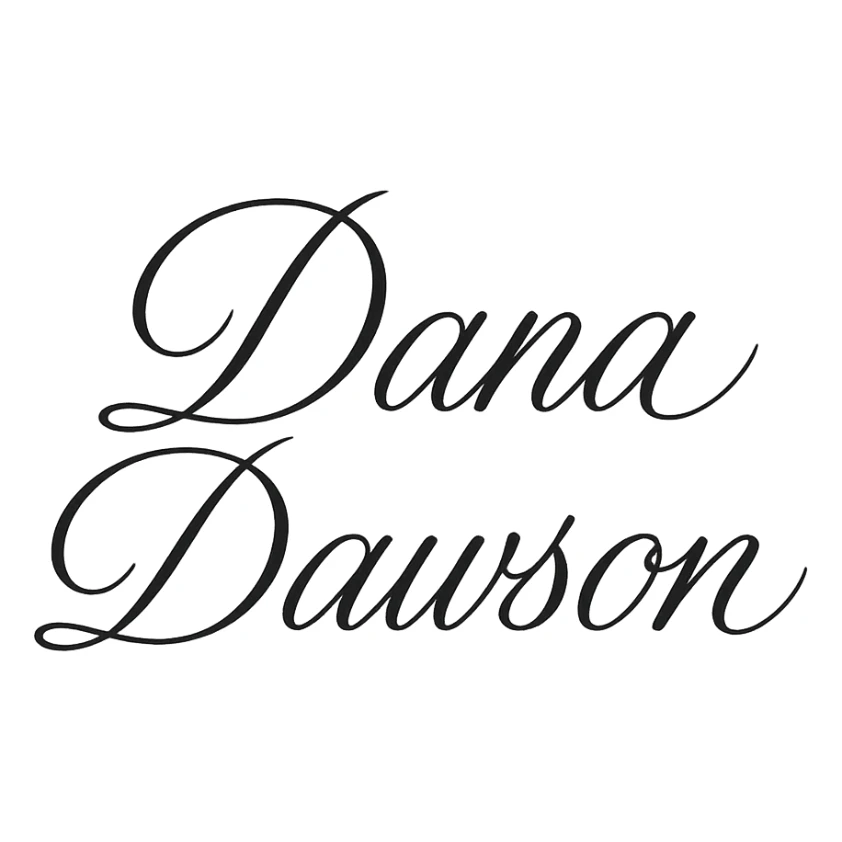 elegant script wordmark of 'Dana Dawson', flowing cursive, minimal, black and white sticker