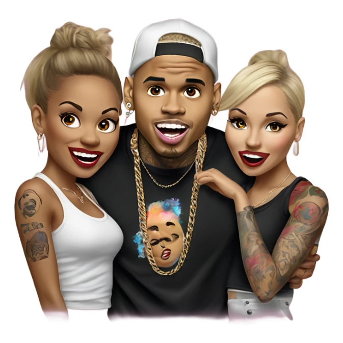 Hyper Realistic Chris Brown  singing with 2 female tattooed dancers sticker