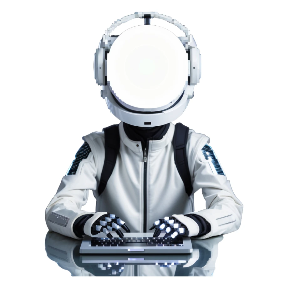 futuristic tech boy wearing a sleek robot helmet with a glowing white circle light in the center, sitting in front of an advanced high-tech laptop, neon-lit cyberpunk room with holographic displays and gadgets, focused posture, soft reflections on helmet, mysterious atmosphere sticker