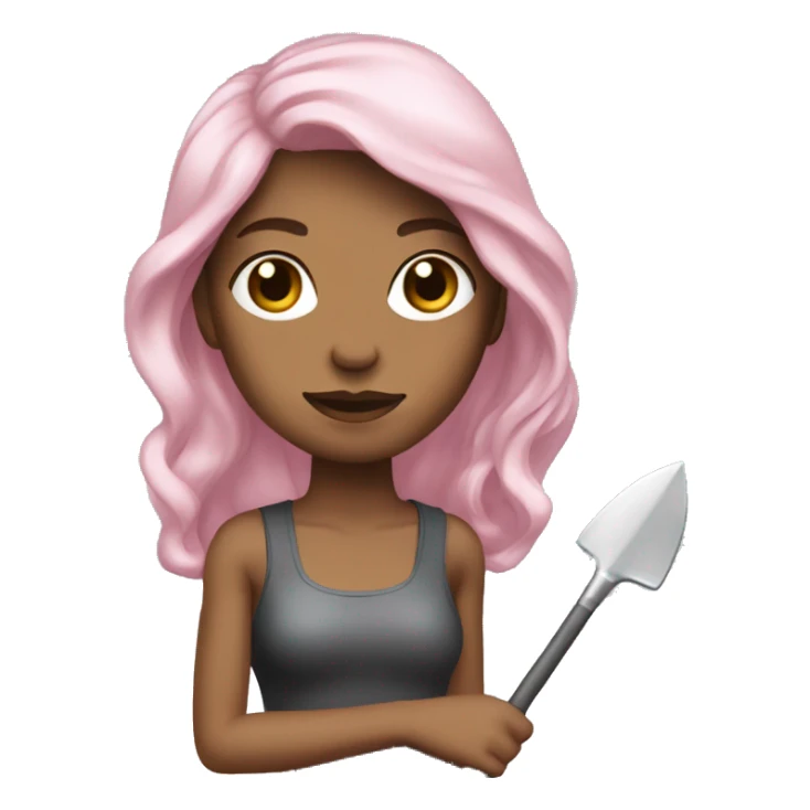 Woman holding Metall shovel skin light pink hair long brown wavy sticker