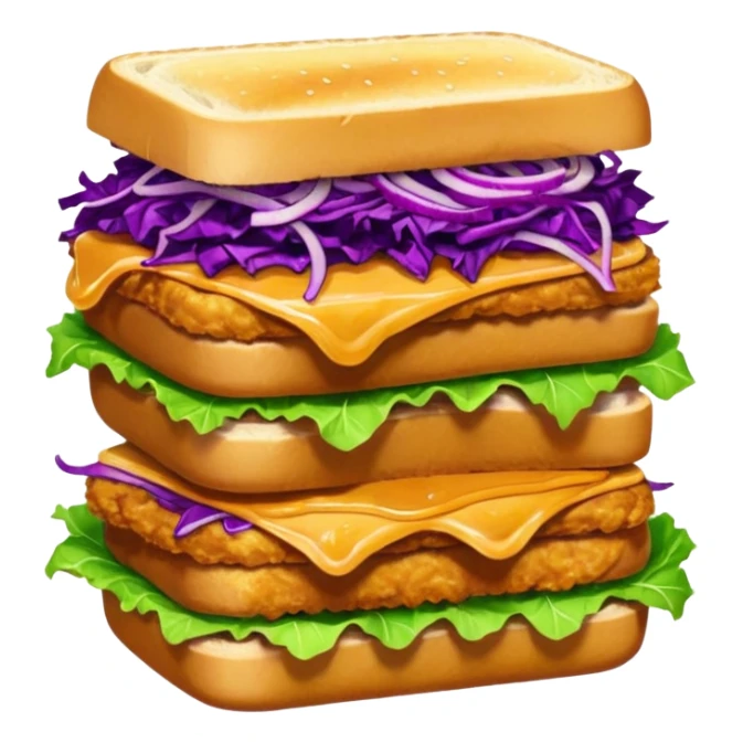 Spicy stacked chicken sandwich — two thick golden toast slices, a crispy breaded chicken fillet, green lettuce, and purple cabbage slaw, with glossy dark sauce dripping down the sides. sticker