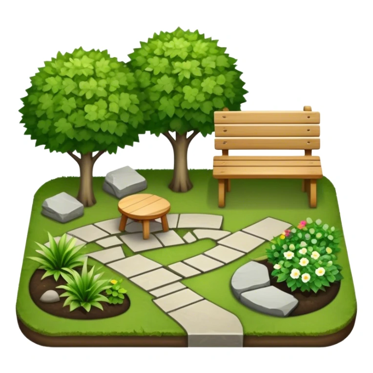 Icon for Landscape Design: a garden layout with trees, plants, pathways, and outdoor furniture, along with design tools like a ruler, pencil and sketchpad. The icon should represent the creativity and planning behind landscape design. Transparent background. sticker