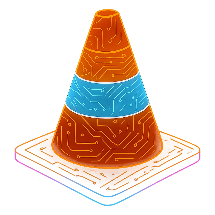 Transform the VLC cone icon into a flat, cyberpunk, holographic style with glowing neon orange, blue, and pink edges, circuit patterns throughout the entire icon. Maintain the recognizable orange and white cone shape and colors, but make the design less 3D and more flat, futuristic, and clean with a consistent cyberpunk glow and intricate circuit details. Transparent background. sticker