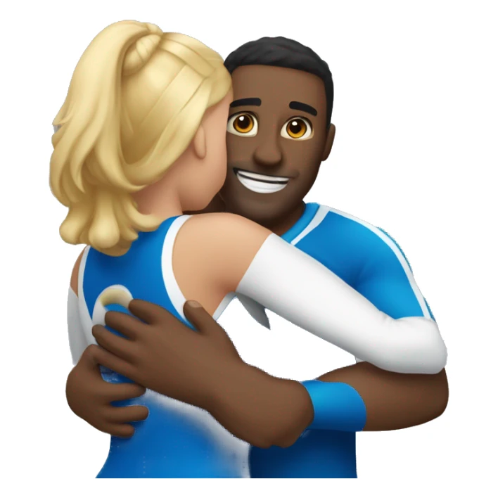 Cheerleader in blue gives a man a big hug sticker
