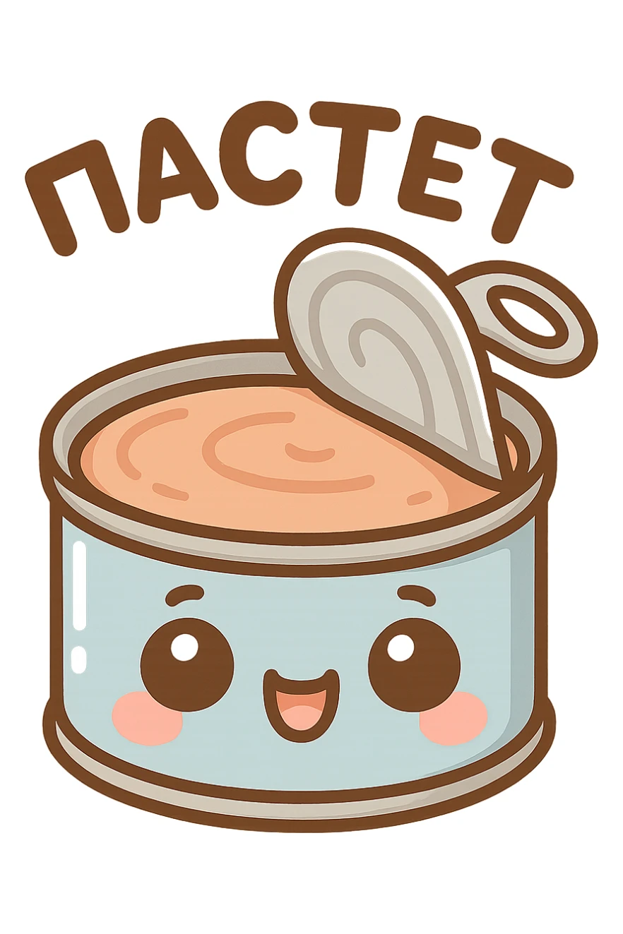 Chibi style cute open pâté tin can, lid partially opened, visible smooth pâté inside, big expressive cartoon eyes on the can, happy smiling face, tiny chubby proportions, kawaii emoji style, thick clean outline, flat illustration, soft pastel colors, simple shapes, no background, Twitch emote style, readable at small size, text on top saying "ПАСТЕТ" in bold cute Cyrillic letters sticker
