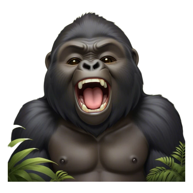 Cinematic Cute Yawning mountain Gorilla Portrait Emoji, Head tilted slightly with a dramatic, wide-open yawn, showcasing a formidable build with a black and greyy mane and drowsy, half-closed eyes, Simplified yet irresistibly adorable features, highly detailed, glowing with a soft, cozy jungle glow, high shine, relaxed yet expressive, stylized with a dash of whimsical primate charm, soft glowing outline, capturing the essence of a drowsy yet affectionate guardian that appears ready to stretch out for a nap! sticker