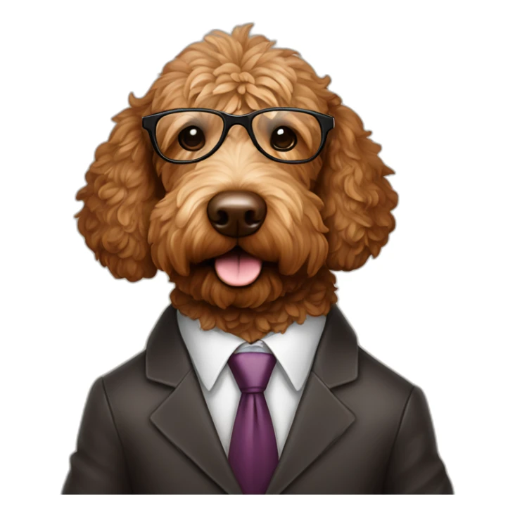 A chocolate colored golden doodle wearing a suit and glasses on the stand in court sticker