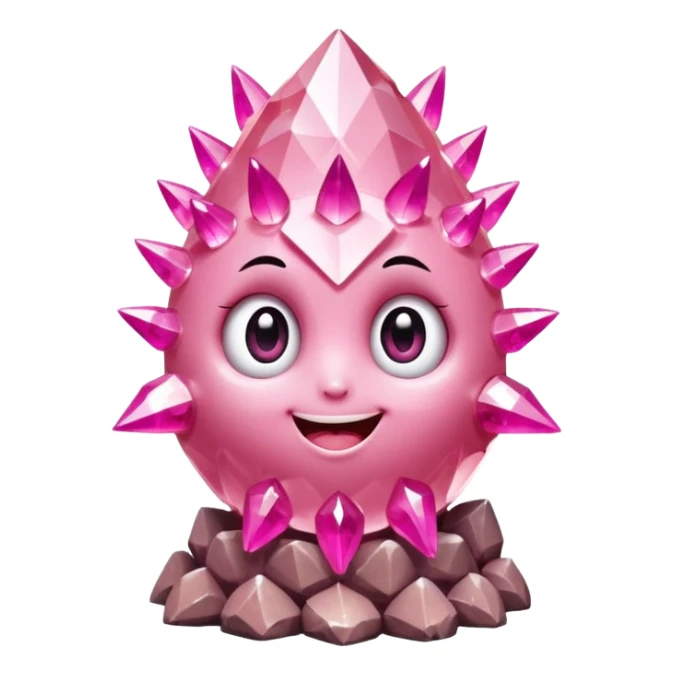 A single cute pink crystal cluster character, chunky round base with many tall rose-pink crystal spikes growing upward like a quartz cluster, faceted and slightly imperfect, on the front of the base a kawaii face with big shiny eyes and a happy open smile sticker