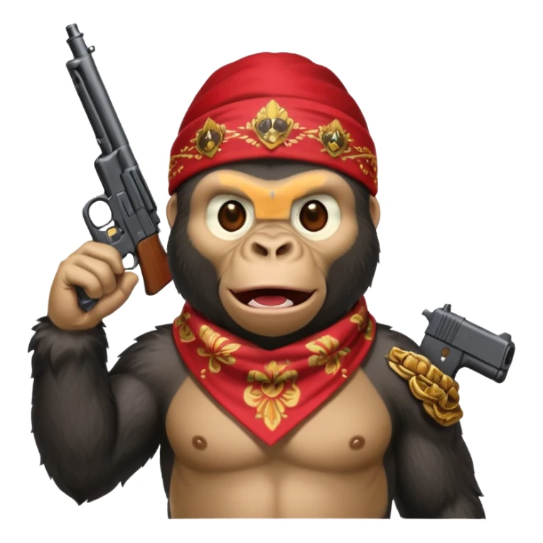 A gorilla holding a gun in the air with a bandana  sticker