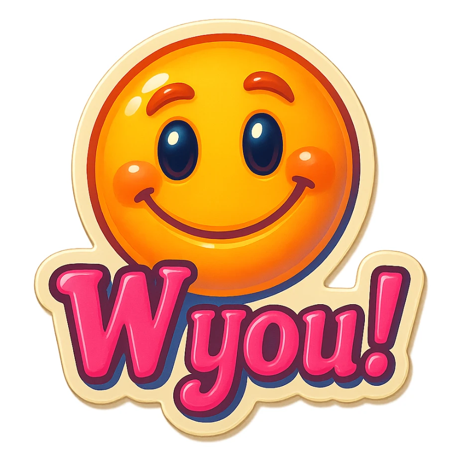 excited smile with mouth closed add the words W You! in pink sticker