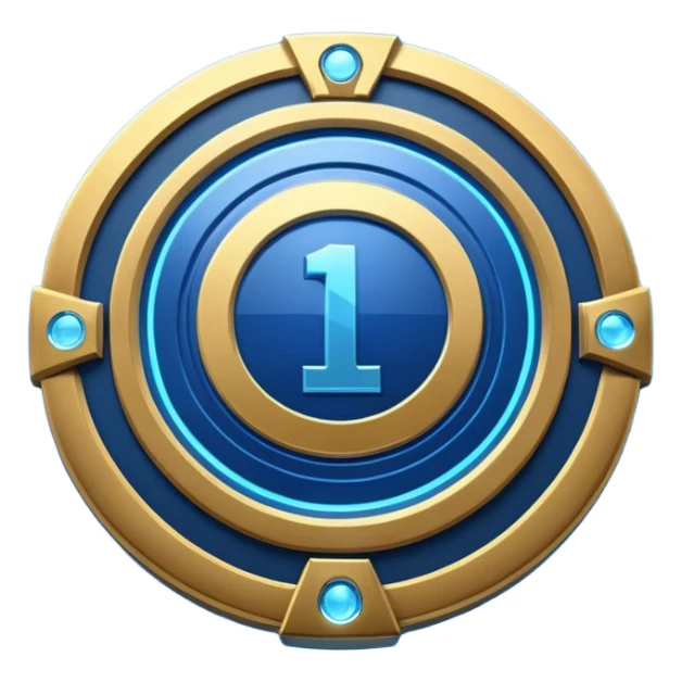 Futuristic achievement medal badge, circular shield emblem with engraved Roman numeral I and subtle “12M” detail, metallic gold and deep blue glow, sci-fi web3 game UI style, polished 3D game asset, soft energy aura, dark background, centered composition, high detail sticker