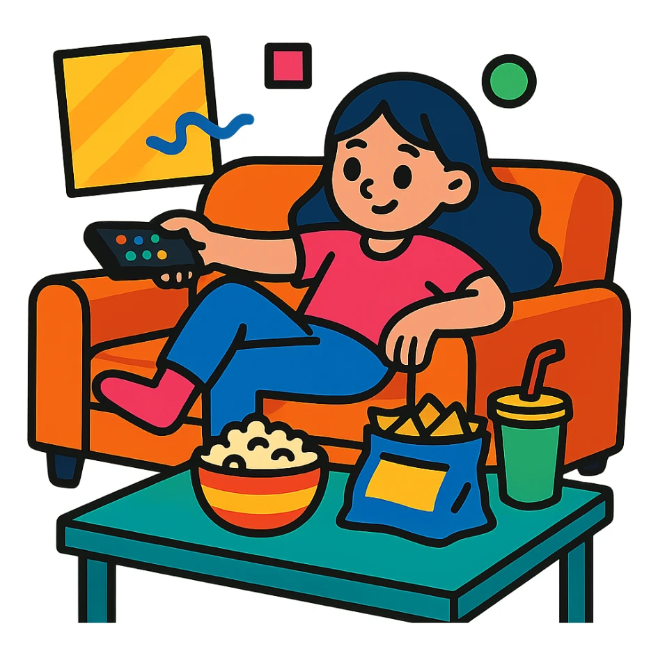girl sprawled on sofa, TV remote, snacks, colorful scene sticker