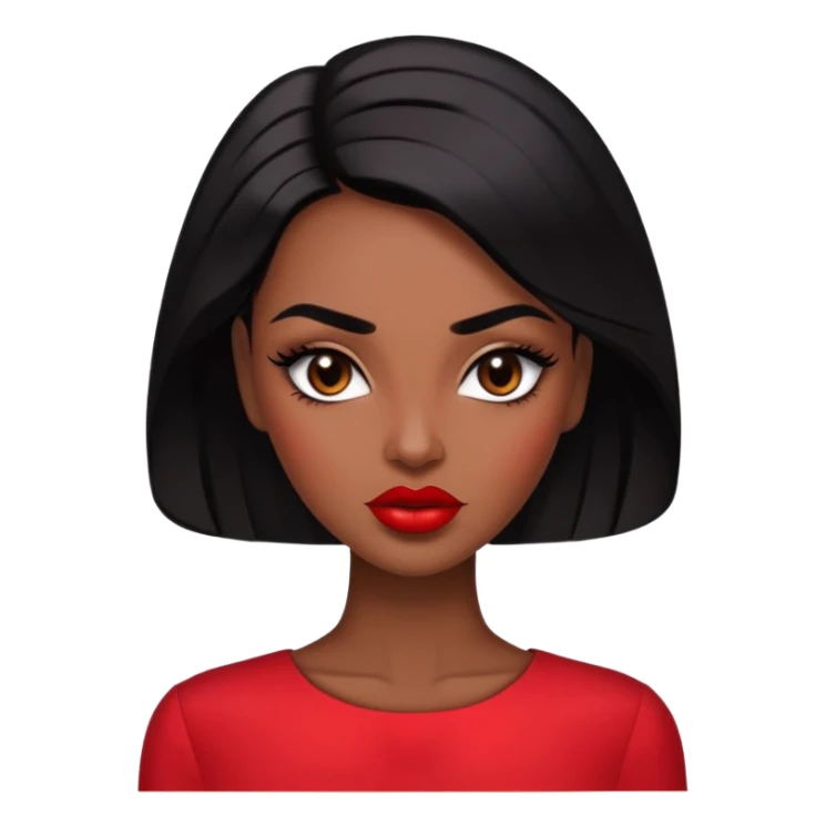 Glamorous woman with deep brown skin, defined features, expressive dark eyes, thick eyebrows, full lips with red lipstick, sleek black hair, wearing a red blouse sticker