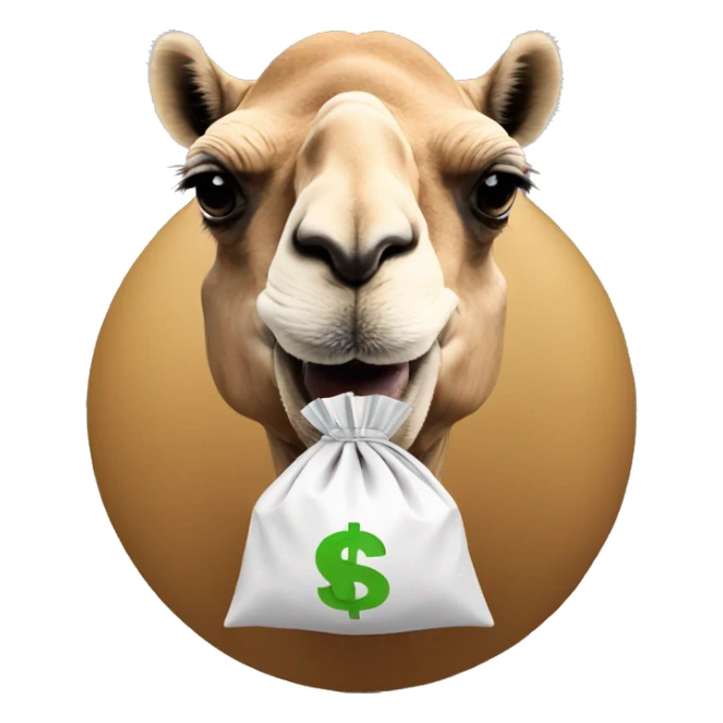 Camel holding a money bag in the mouth, picture from front sticker