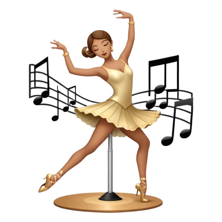 Icon for Choreography: a dancer in a graceful pose with musical notes, a director’s baton, a metronome and a dance floor. The icon should represent the art of choreography, with focus on movement, timing, and creativity. Transparent background. sticker