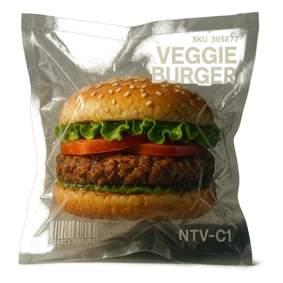 vacuum-sealed veggie burger, squished and reflective sticker
