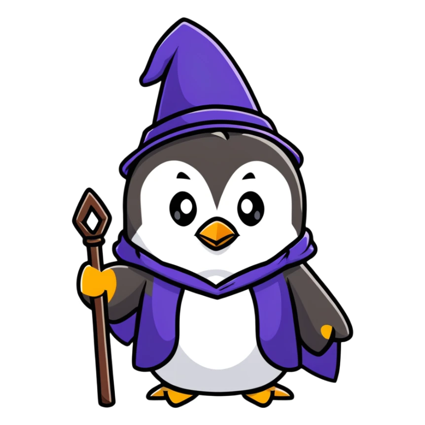 penguin with wizard hat and robe, holding a magic staff, magical sticker