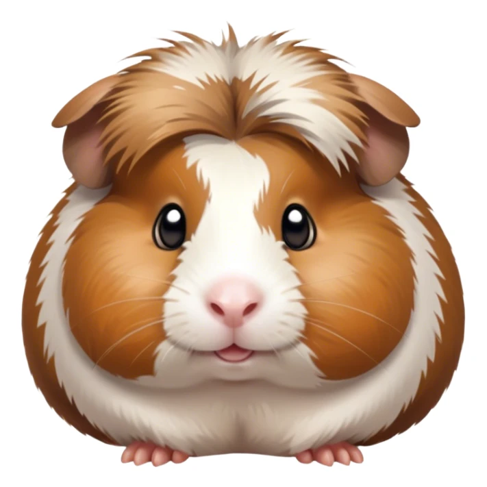 Cinematic Cute Brown and White Banded Guinea Pig Portrait Emoji, Head tilted playfully and inquisitively, showcasing a fluffy coat with playful brown and white banded patterns, round, sparkling dark eyes filled with curiosity, Simplified yet irresistibly adorable features, highly detailed, glowing with a warm, friendly glow, high shine, affectionate and spirited, stylized with a touch of whimsy, bright and endearing, soft glowing outline, capturing the essence of a mischievous yet loving guinea pig, so playful it feels like it could dash out of the screen and into your arms! sticker