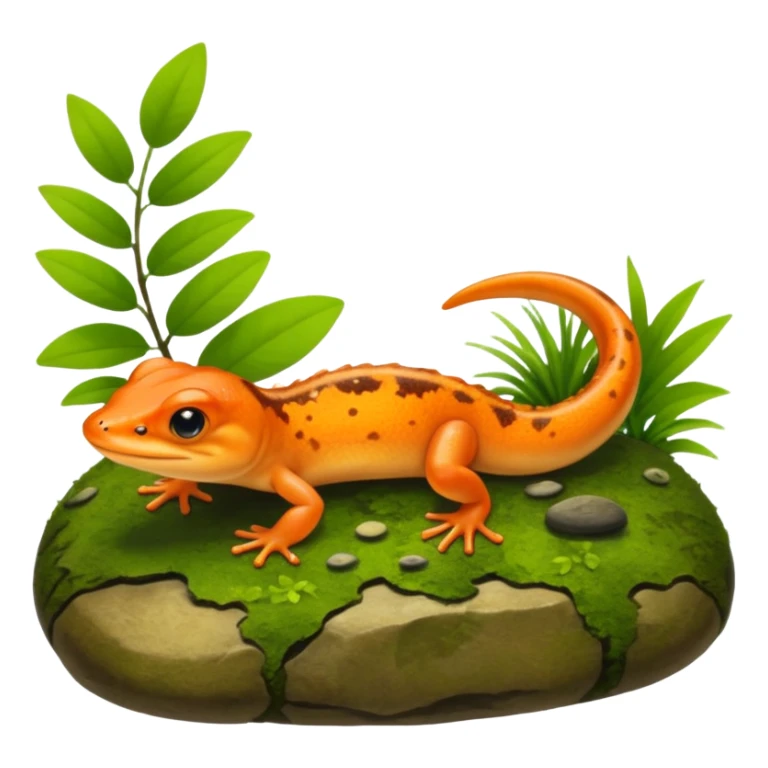 A small orange-brown newt on a mossy rock near a pond. Realistic lighting, visible tail, green plants and soft sunlight, detailed wildlife photo. sticker