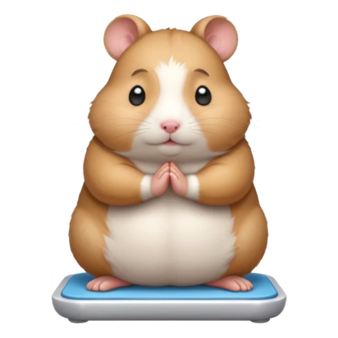 Cute chubby cartoon-style hamster standing on a bathroom scale, looking nervous with praying hands. Painterly shading, closed eyes, white background, sticker-style illustration sticker