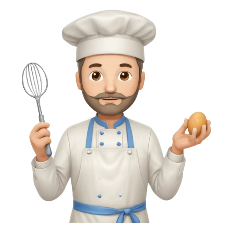 Middle aged male pastry chef - with a small beard, apron, white hat, holding an egg beater in his right hand, and his left hand naturally hanging down to his side sticker