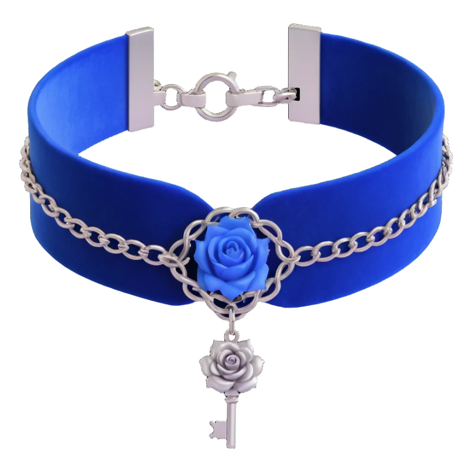 gothic choker with cobalt blue velvet band, silver chained lock, blue rose accent, ethereal white mist effect, rich and gothic sticker