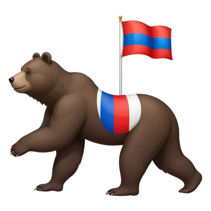 Medium-dark brown bear on all four legs with Russian flag (white, blue, red horizontal stripes) on its back, minimalist style, side view sticker