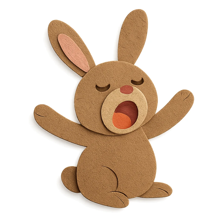 brown bunny stretching arms while yawning, paper-craft style sticker