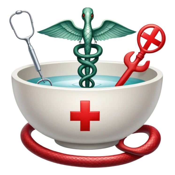 An icon featuring a caduceus (a bowl with a snake), a red cross, symbolizing medicine. The design includes medical tools and symbols, representing healthcare, diagnosis, and healing practices. Transparent background highlights the profession and study of medicine. sticker