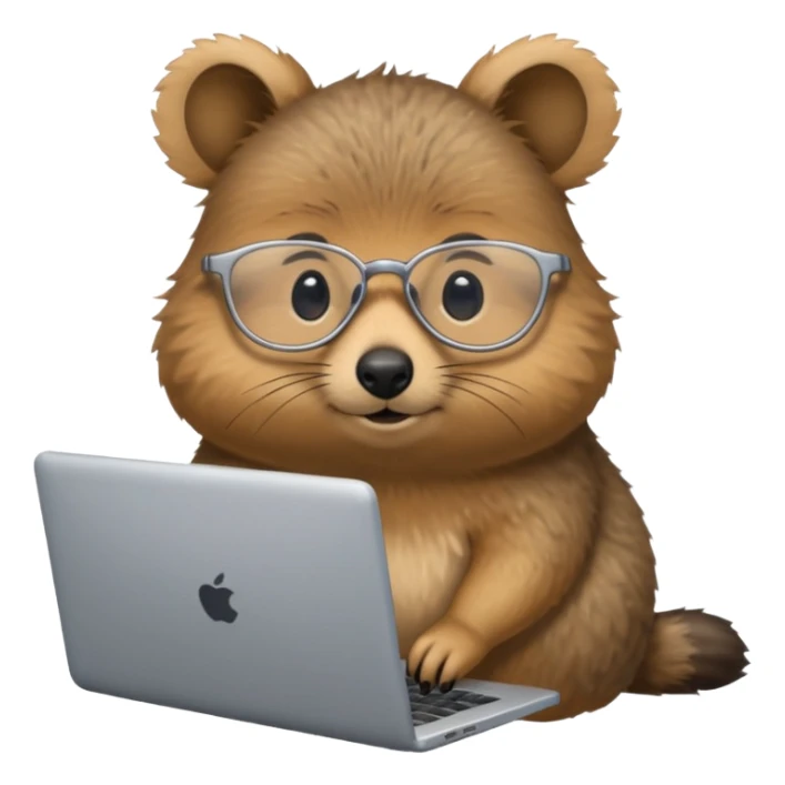 Silver-rimmed, bespectacled front quokka working on a laptop sticker