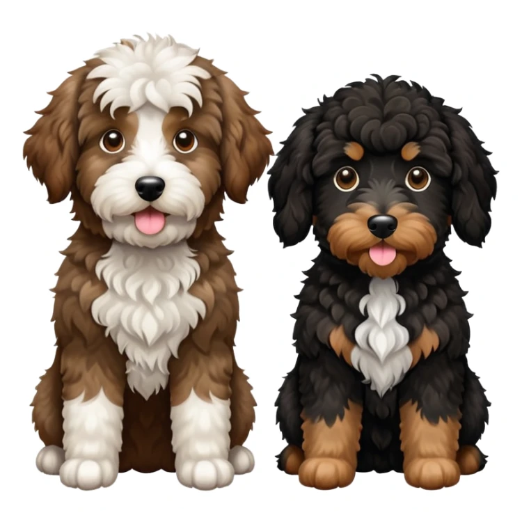 2 dogs: one light brown Aussiedoodle, one all-black Bernedoodle with white eyebrows. Both same size. sticker