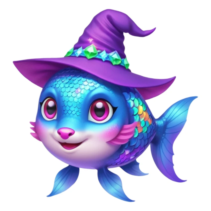 Make the rainbow fish glow with a magical aura and change the blue fox to a neon teal color, keep the purple sparkly witch hat, magical background, and big pink heart in vibrant toon style. sticker